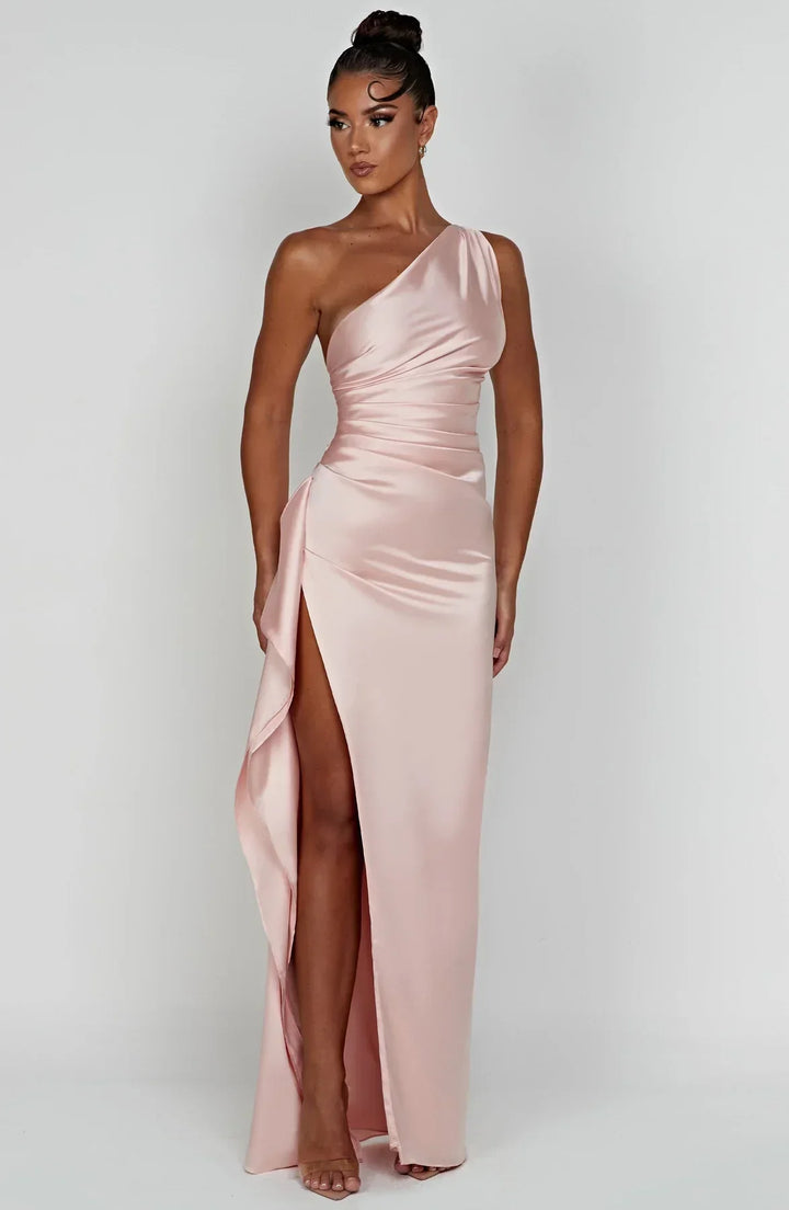 Jadey | Satin One-Shoulder Gala Evening Dress with High Slit