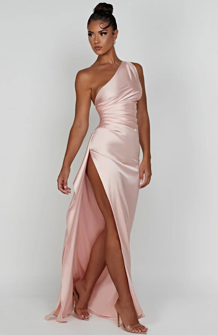 Jadey | Satin One-Shoulder Gala Evening Dress with High Slit