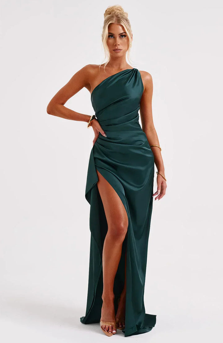 Jadey | Satin One-Shoulder Gala Evening Dress with High Slit