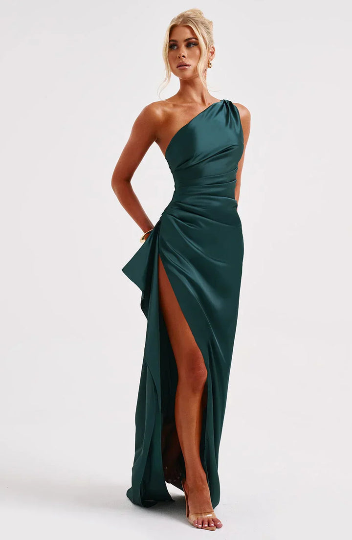 Jadey | Satin One-Shoulder Gala Evening Dress with High Slit