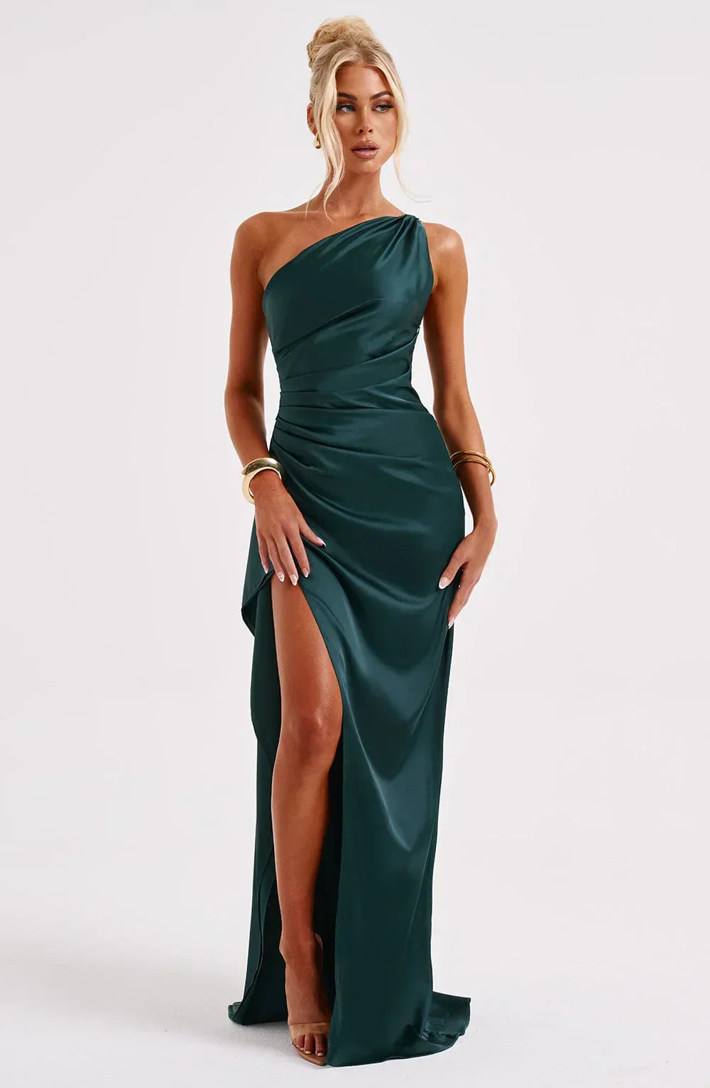 Jadey | Satin One-Shoulder Gala Evening Dress with High Slit