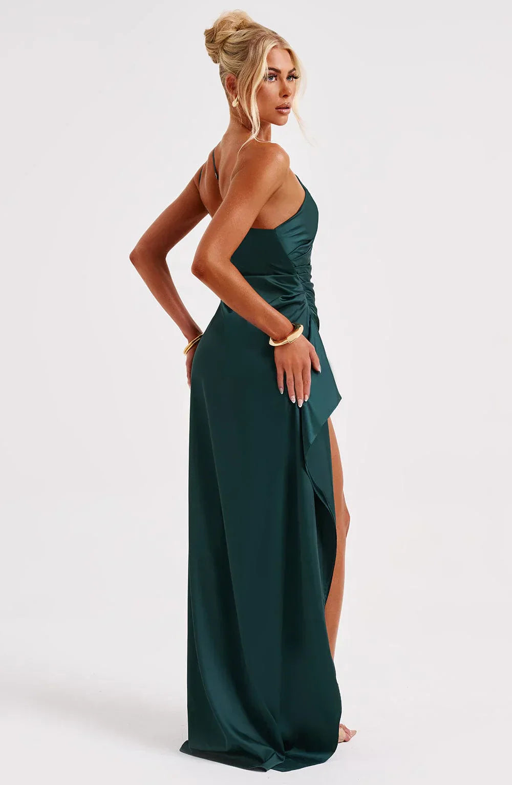 Jadey | Satin One-Shoulder Gala Evening Dress with High Slit