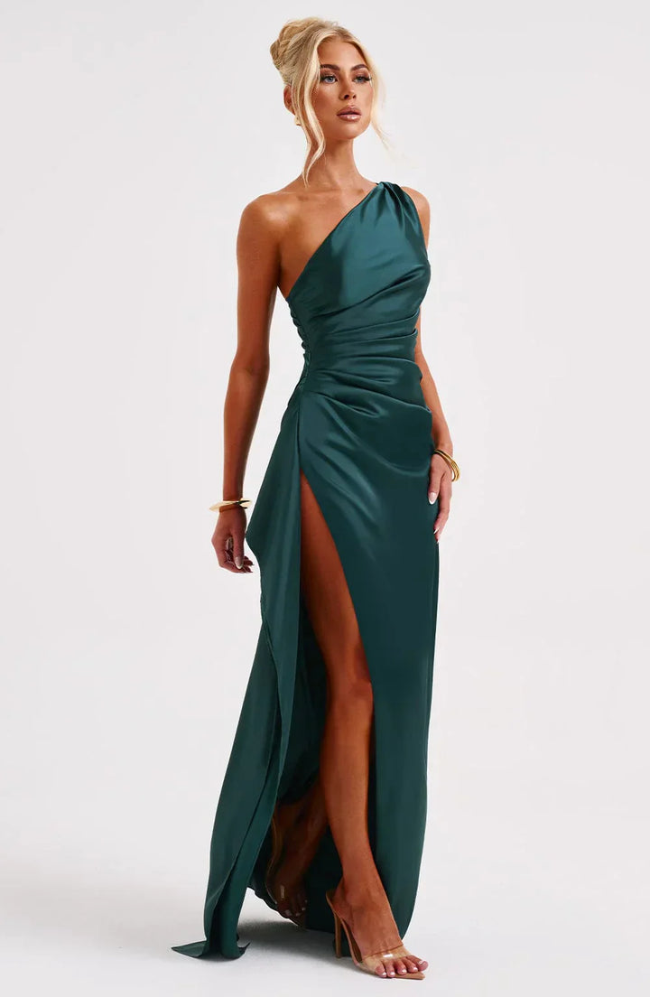 Jadey | Satin One-Shoulder Gala Evening Dress with High Slit
