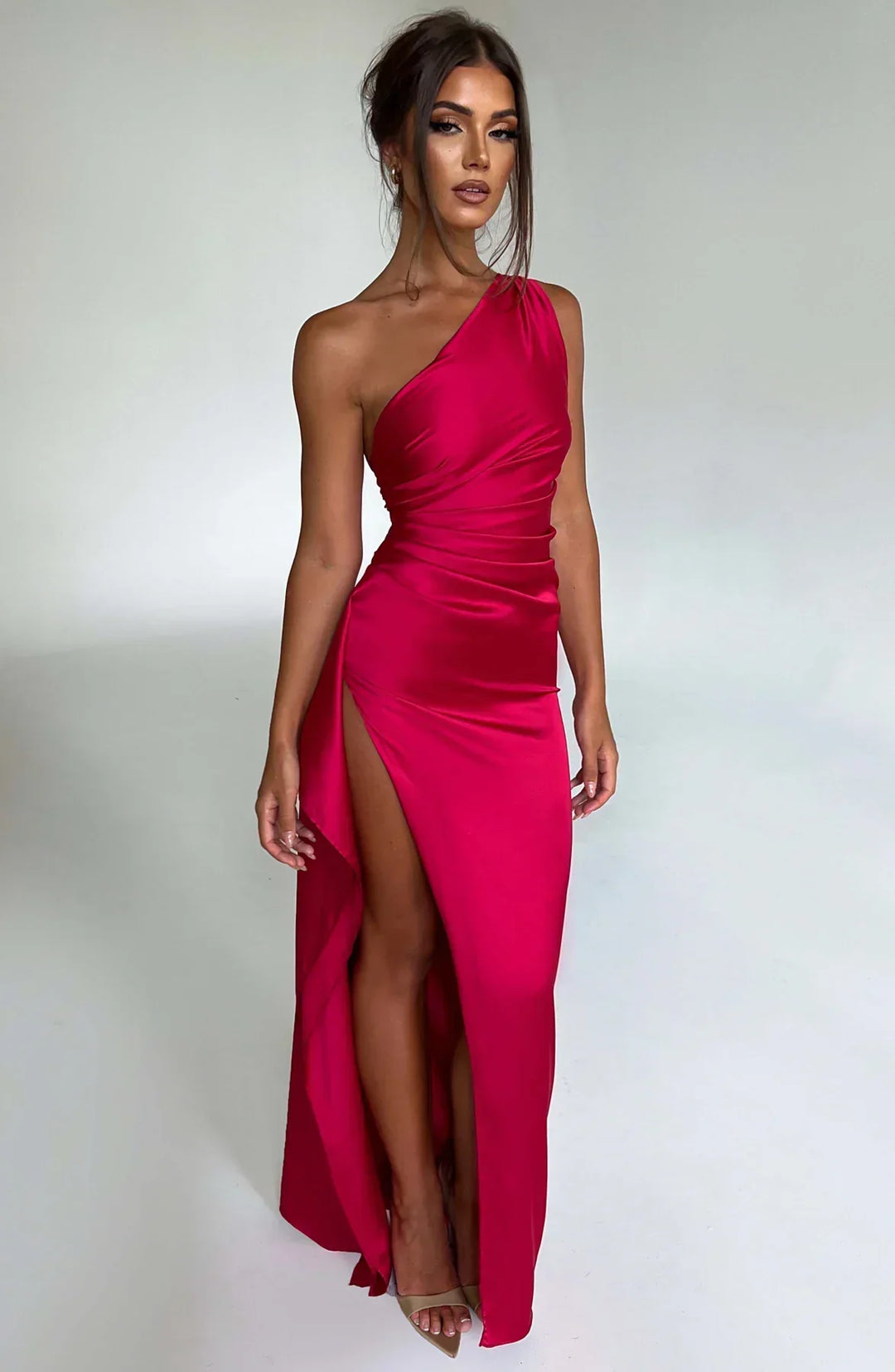 Jadey | Satin One-Shoulder Gala Evening Dress with High Slit