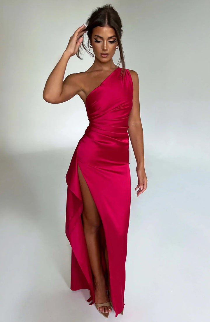Jadey | Satin One-Shoulder Gala Evening Dress with High Slit