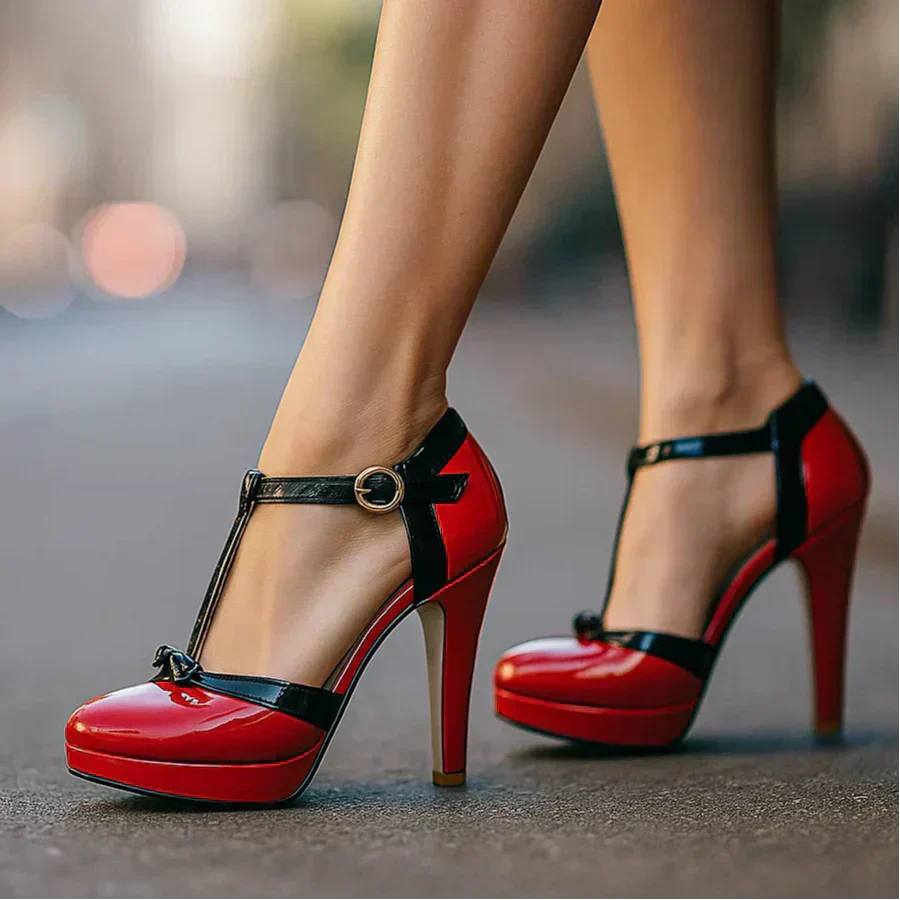 Pumps with T Strap and Bow Detail for Women