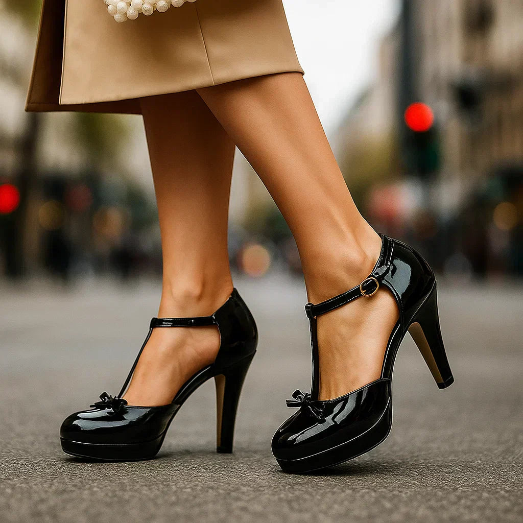 Pumps with T Strap and Bow Detail for Women