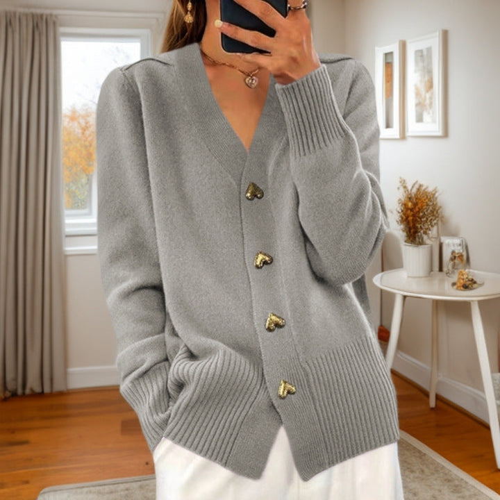 Comfortable Women's Cardigan with Heart Buttons and V-Neck
