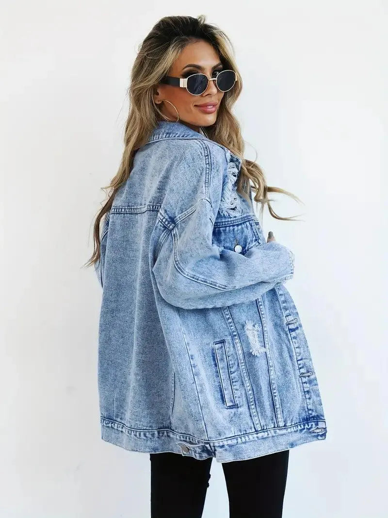 Oversized Women's Denim Jacket with Edgy Look and Snap Button Closure