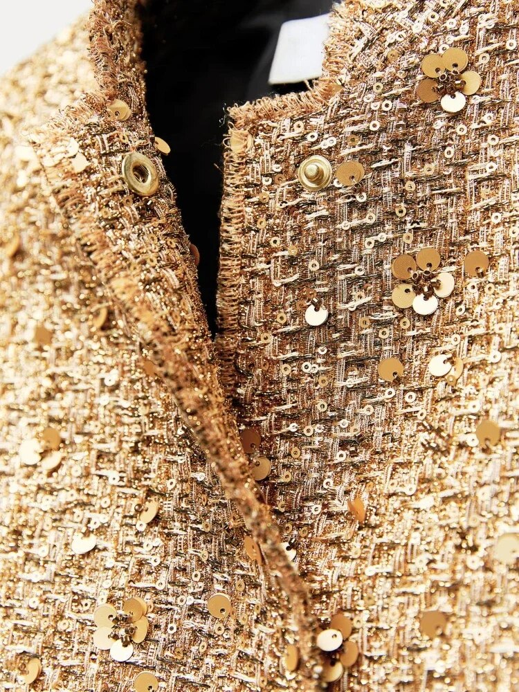 Golden Women's Glitter Bomber Jacket with Sparkling Sequins