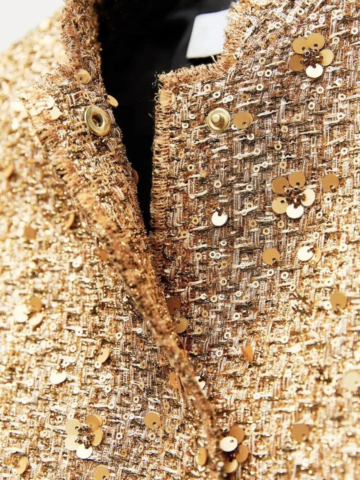 Golden Women's Glitter Bomber Jacket with Sparkling Sequins