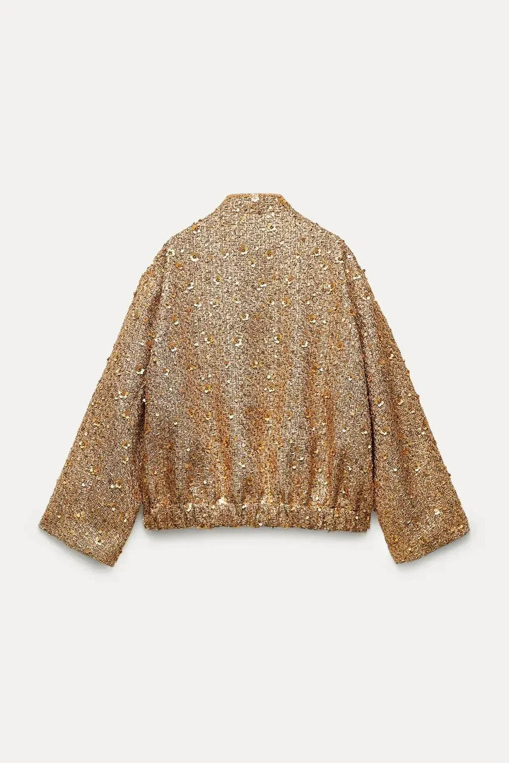 Golden Women's Glitter Bomber Jacket with Sparkling Sequins