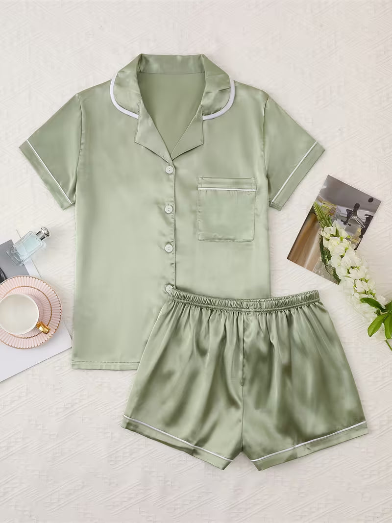 Soft Satin Women's Pajama Set with Short Sleeves and Shorts