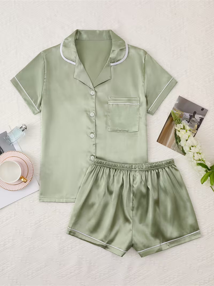 Soft Satin Women's Pajama Set with Short Sleeves and Shorts
