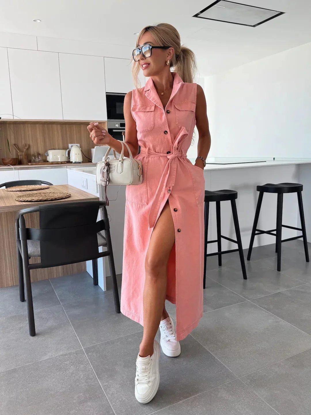 Stylish summer women's midi dress with denim look and slit