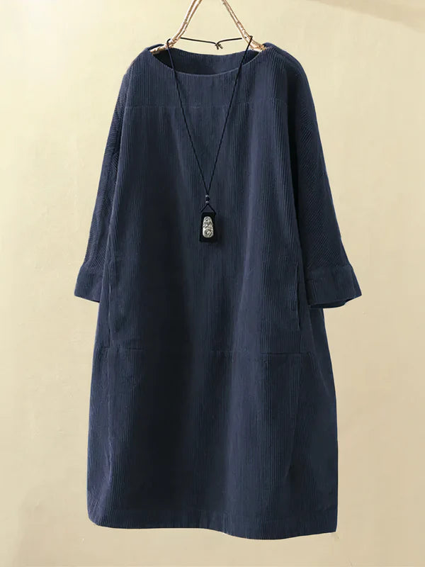 Airy Corduroy Midi Dress with Loose Fit for Women