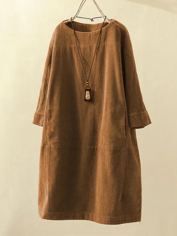 Airy Corduroy Midi Dress with Loose Fit for Women