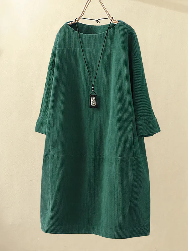 Airy Corduroy Midi Dress with Loose Fit for Women