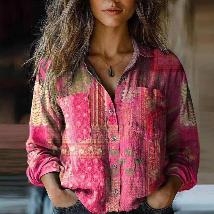Airy Linen Blouse For Women With Print And Long Sleeves
