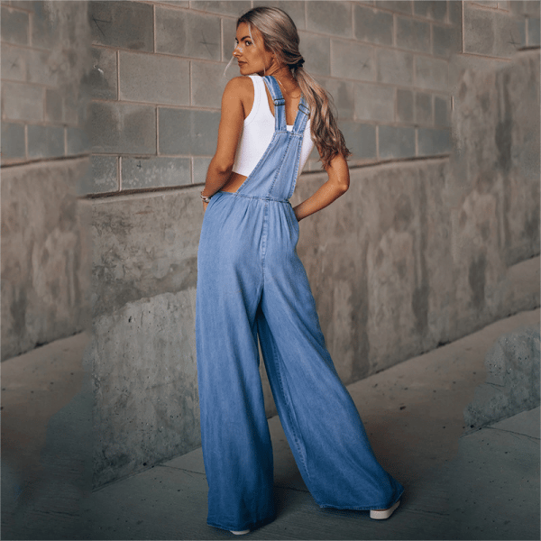 Casual Women's Denim Jumpsuit with Wide Legs and Straps