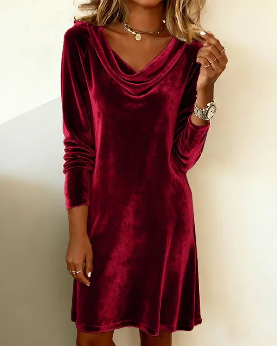 Velvet Women's Mini Dress with Waterfall Neckline and Long Sleeves