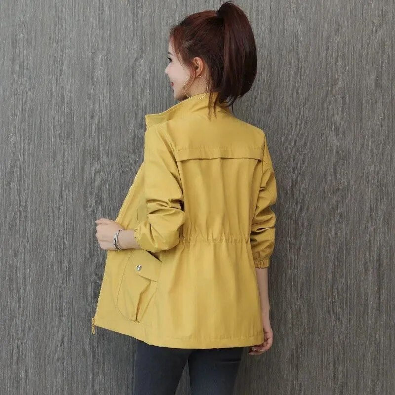 Women’s Lightweight Jacket with Zipper, Waist Drawstring, and Pockets Mid-Layer Jacket for Spring and Fall