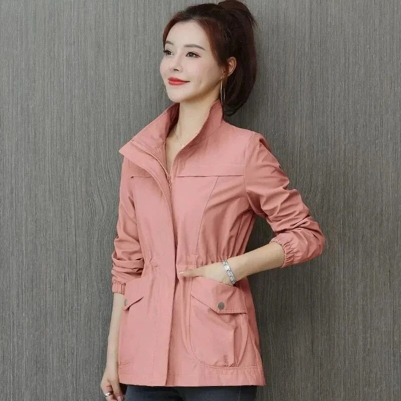 Women’s Lightweight Jacket with Zipper, Waist Drawstring, and Pockets Mid-Layer Jacket for Spring and Fall