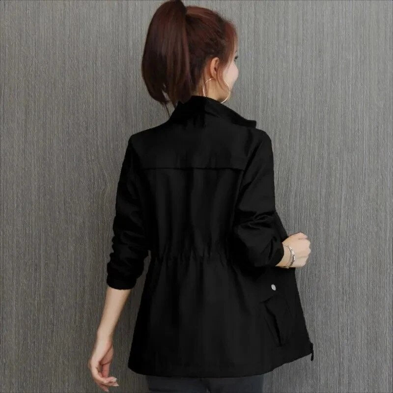 Women’s Lightweight Jacket with Zipper, Waist Drawstring, and Pockets Mid-Layer Jacket for Spring and Fall