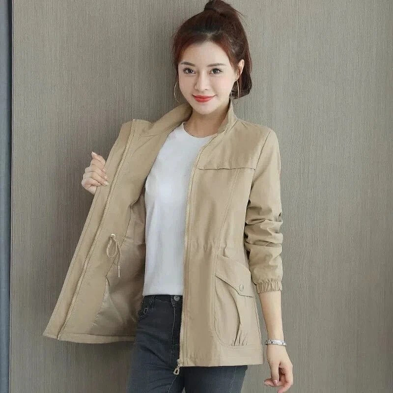 Women’s Lightweight Jacket with Zipper, Waist Drawstring, and Pockets Mid-Layer Jacket for Spring and Fall