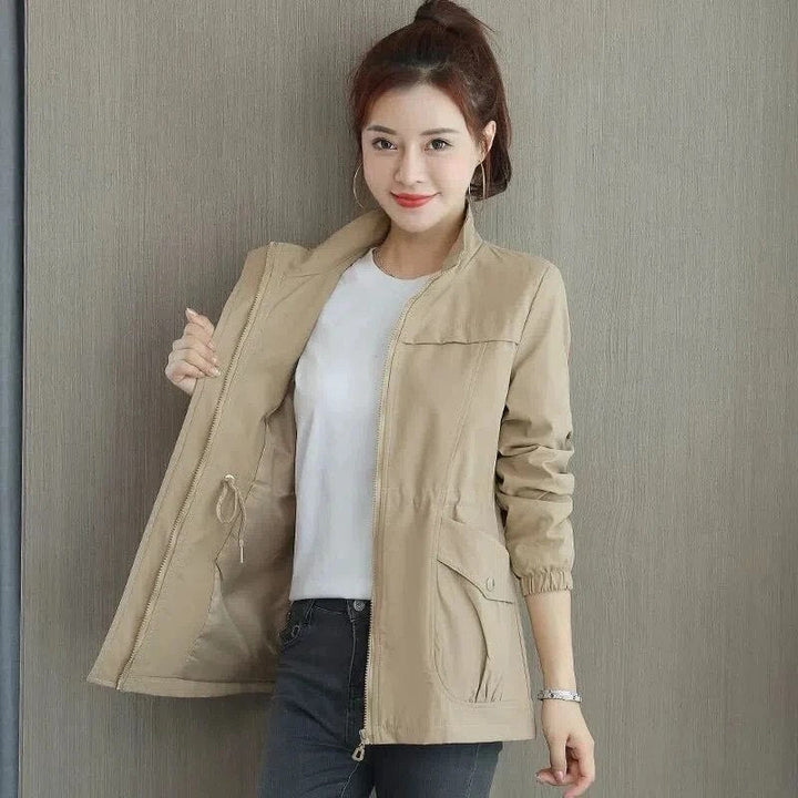Women’s Lightweight Jacket with Zipper, Waist Drawstring, and Pockets Mid-Layer Jacket for Spring and Fall
