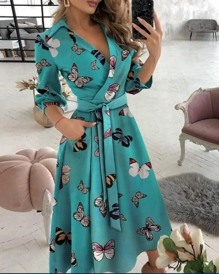 Midi Dress for Women with Butterfly Print and Button Details