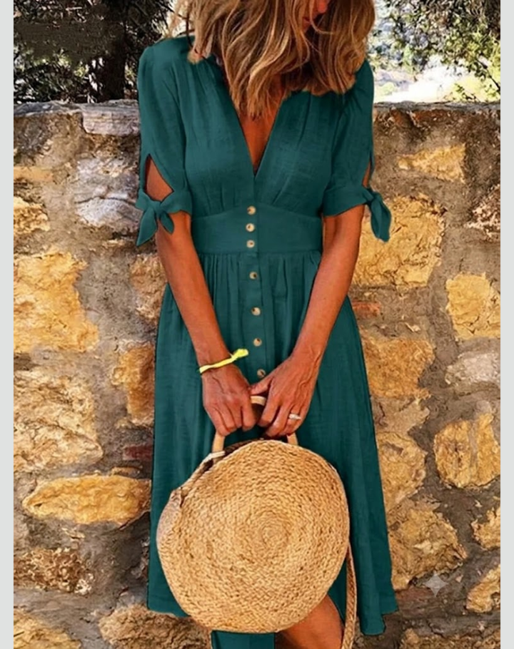 Green Elegant Women's Summer Midi Dress with Buttons and V-Neck