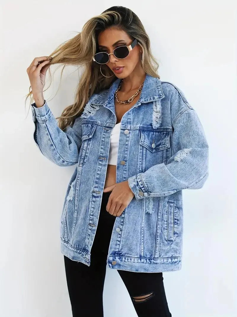 Oversized Women's Denim Jacket with Edgy Look and Snap Button Closure