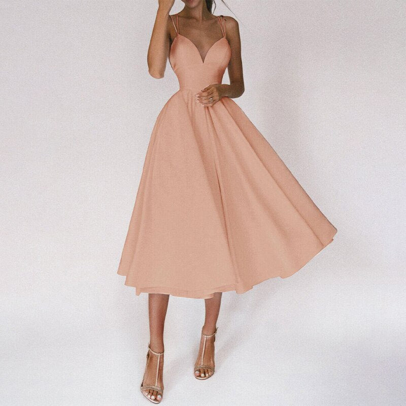 Laurela | Elegant A-Line Midi Dress with Spaghetti Straps