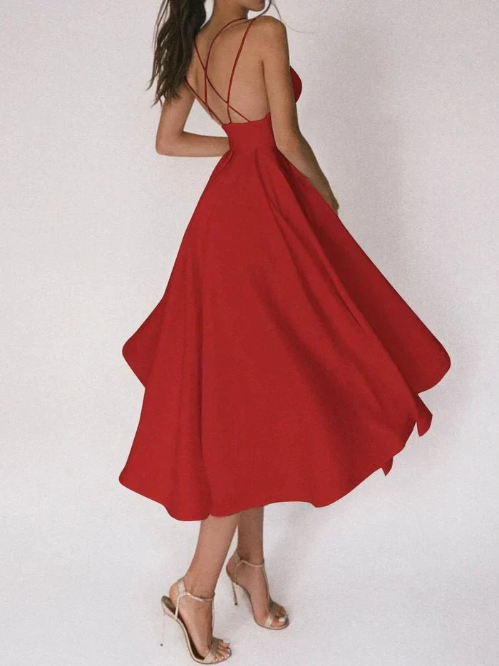 Laurela | Elegant A-Line Midi Dress with Spaghetti Straps
