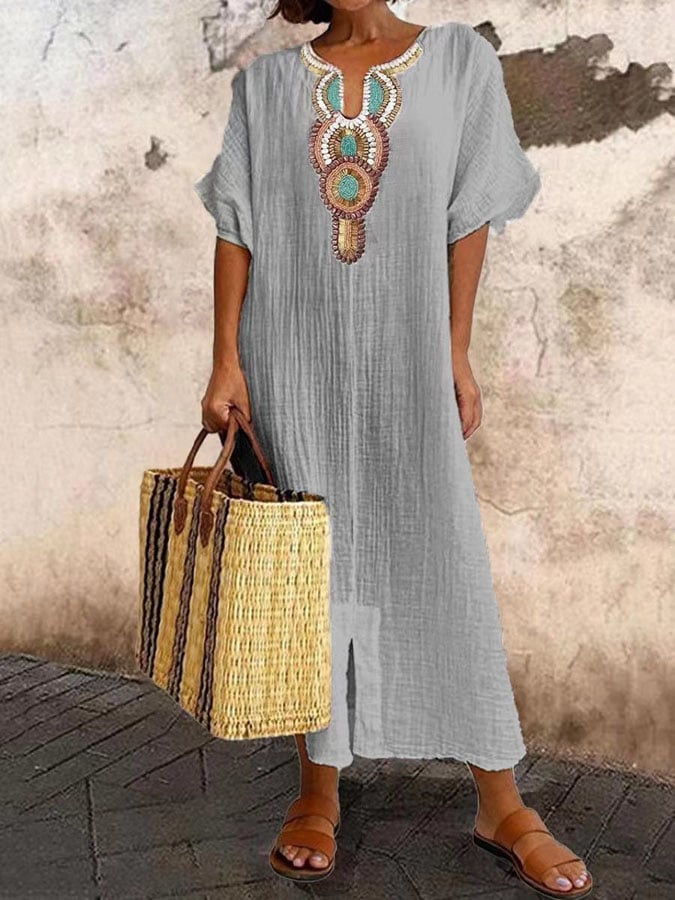 Anet | Boho Kaftan Dress with Embroidered Detail