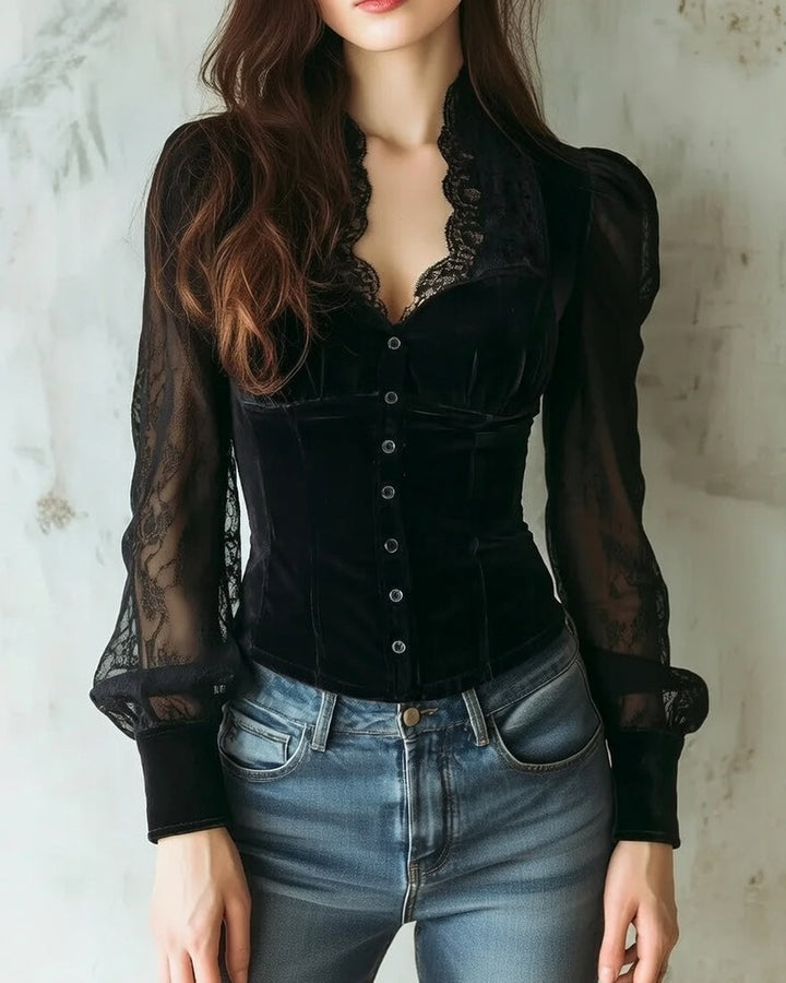 Stylish Women's Lace Blouse with Long Sleeves and Button Closure