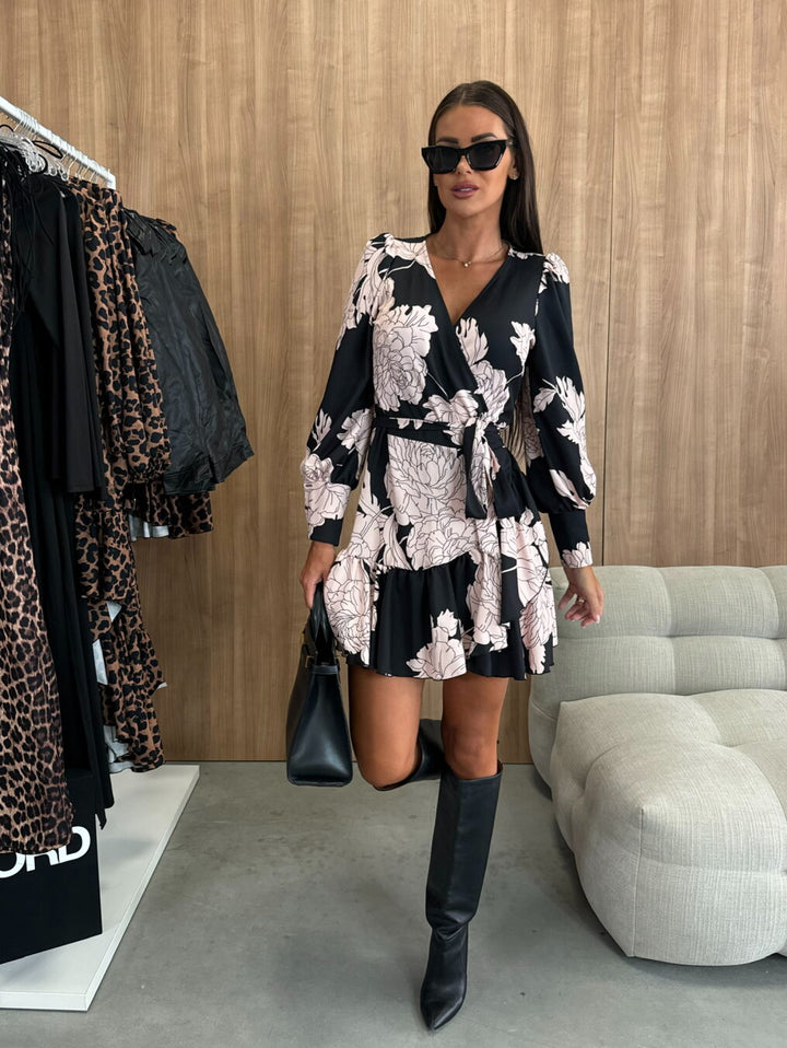 A-Line Stylish Women's Mini Dress with V-Neck and Long Sleeves