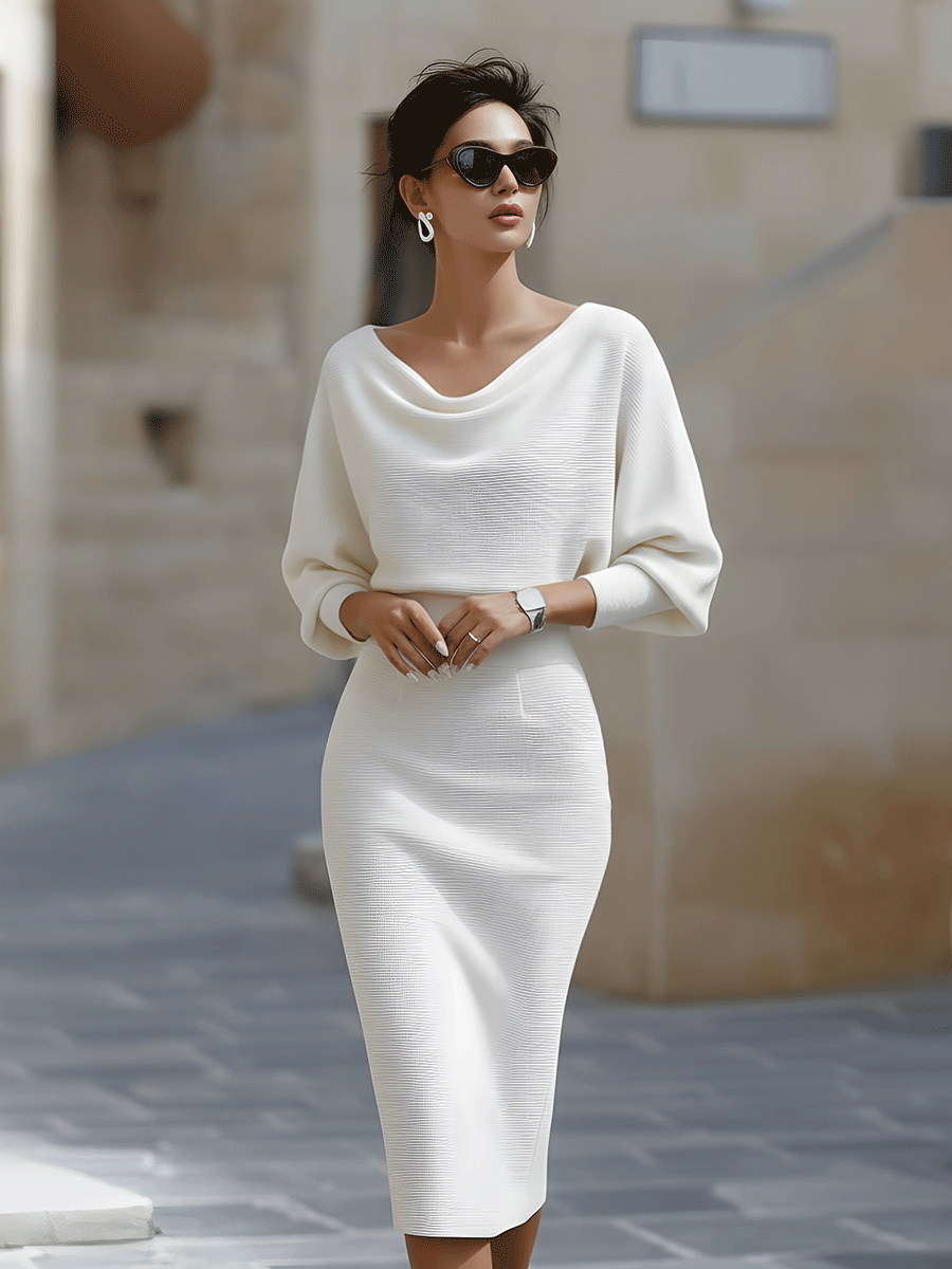 Chic Women's Bodycon Midi Dress with Long Sleeves and Boat Neck