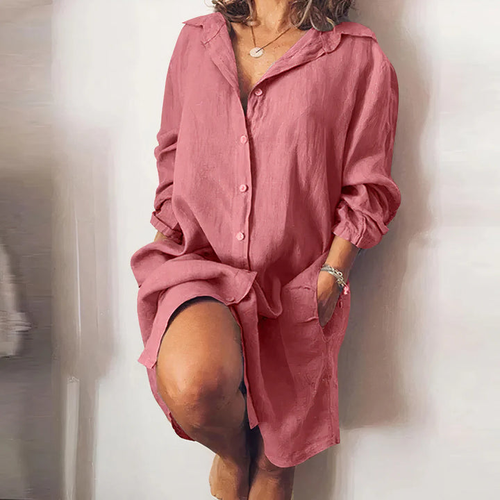 Midi summer dress for women with button closure and long sleeves