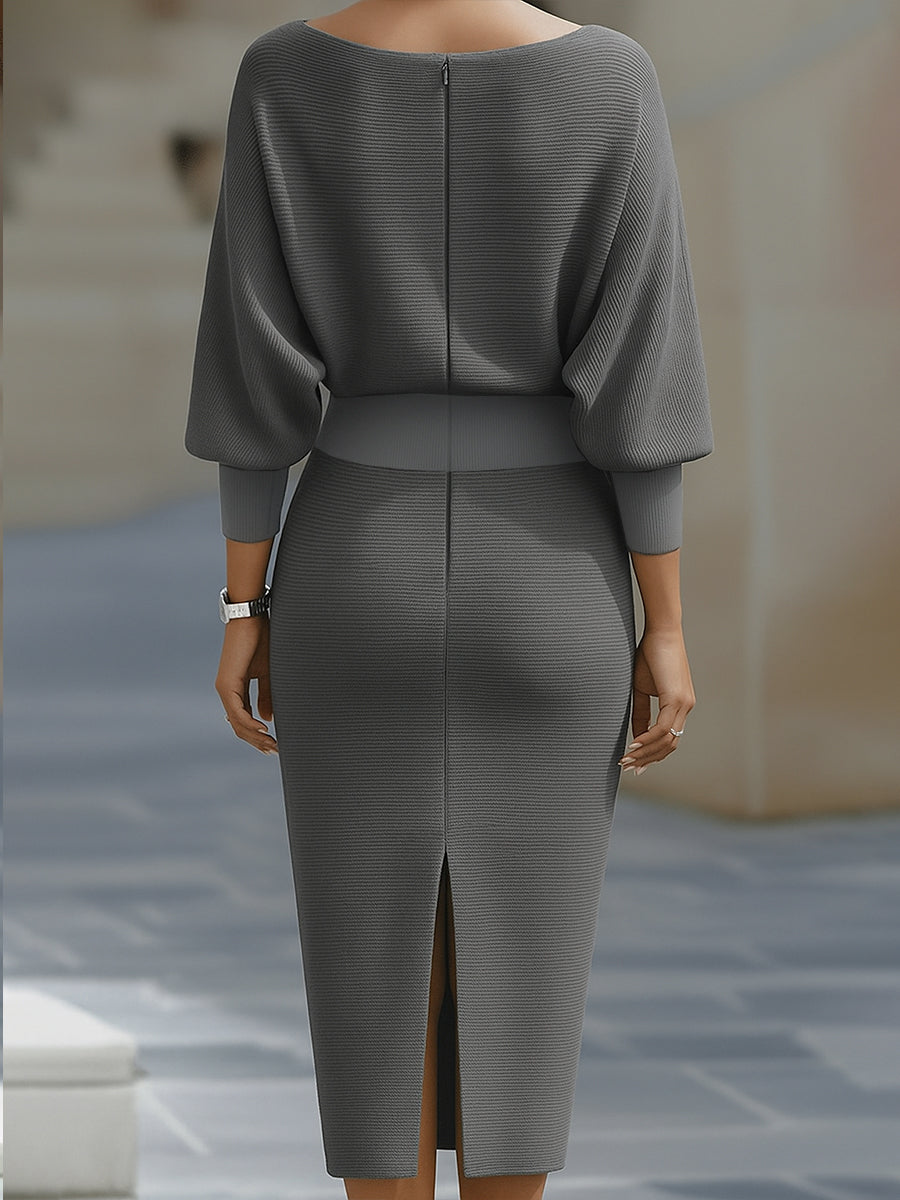 Chic Women's Bodycon Midi Dress with Long Sleeves and Boat Neck