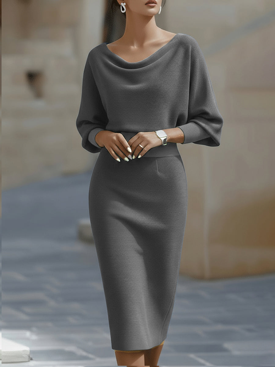 Chic Women's Bodycon Midi Dress with Long Sleeves and Boat Neck