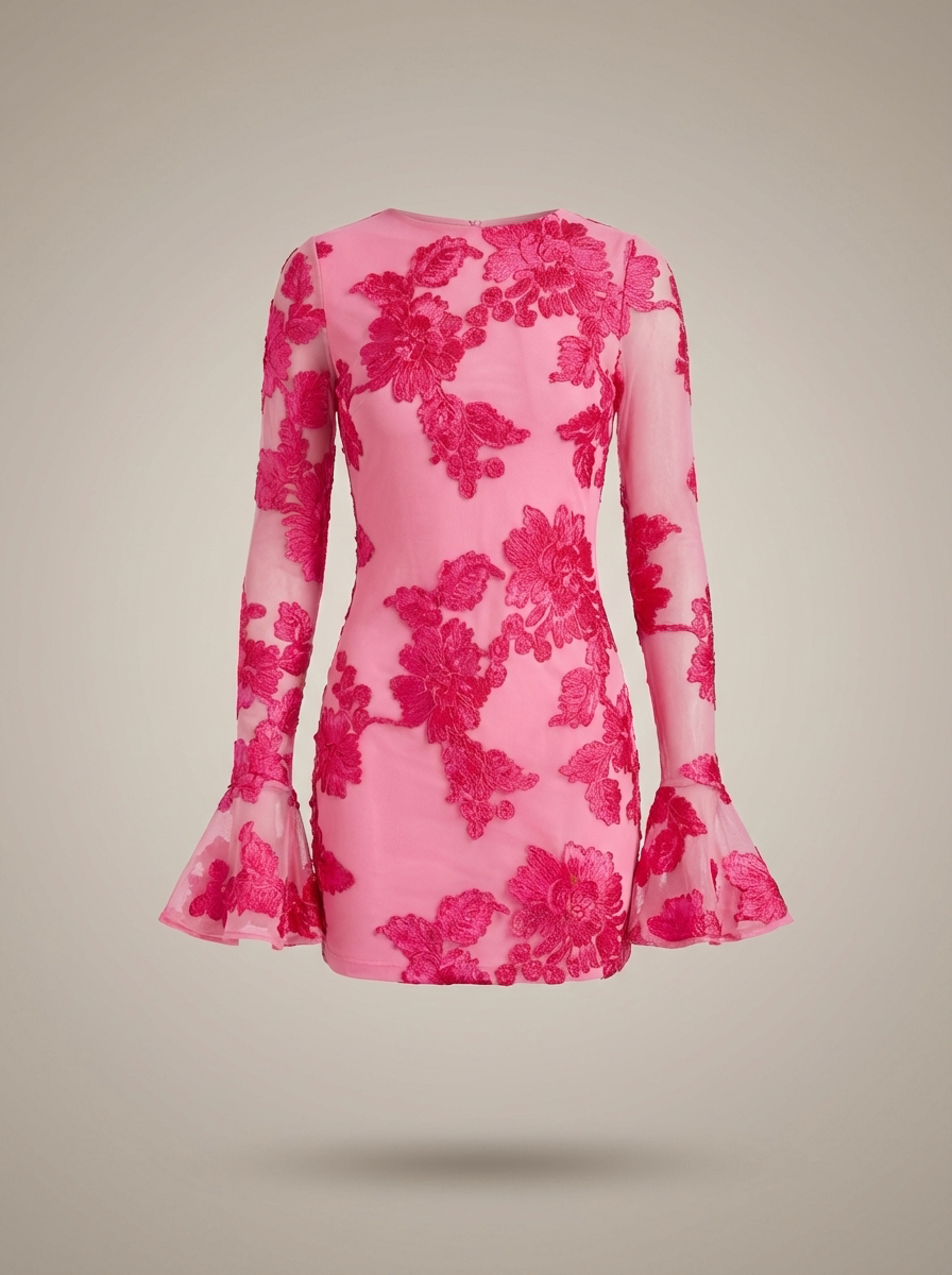 Festive Women's Mini Dress with Floral Print and Flare Sleeves