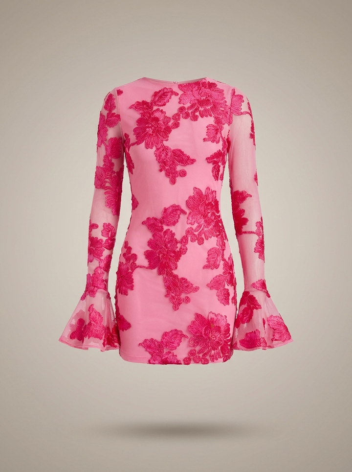 Festive Women's Mini Dress with Floral Print and Flare Sleeves