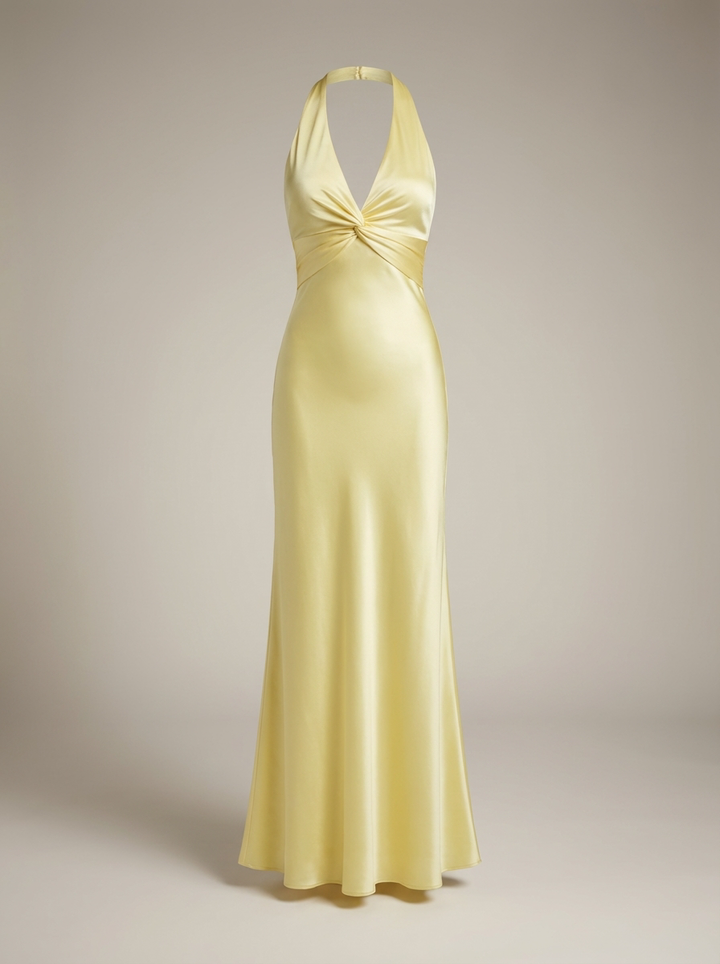 Luxe Women's Yellow Satin Halter Maxi Dress with Twisted Neckline