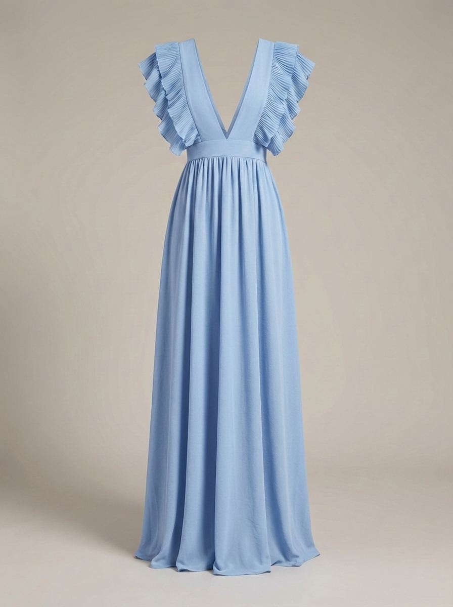 Airy Maxi Dress for Women with Ruffles and Deep V Neck