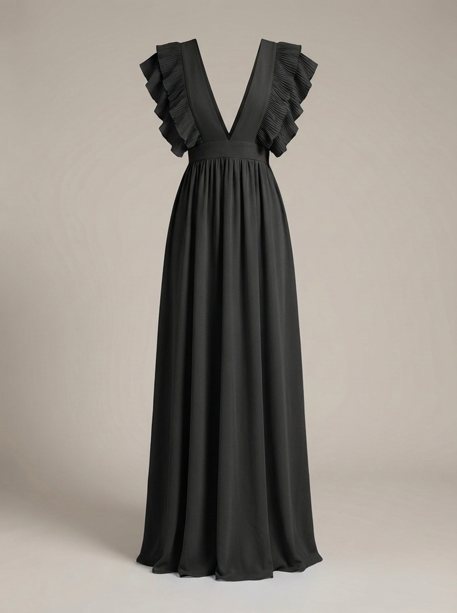 Airy Maxi Dress for Women with Ruffles and Deep V Neck