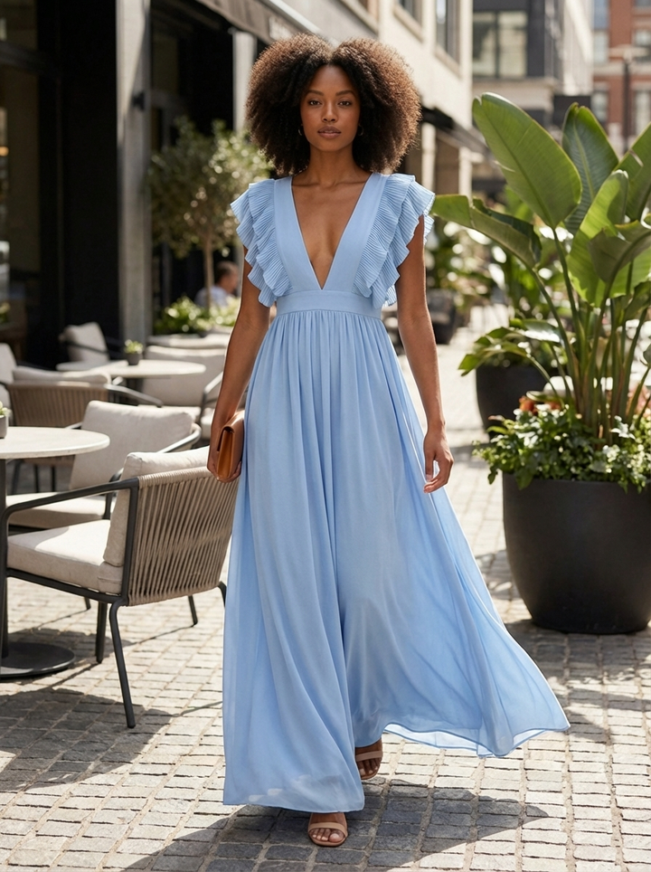 Airy Maxi Dress for Women with Ruffles and Deep V Neck