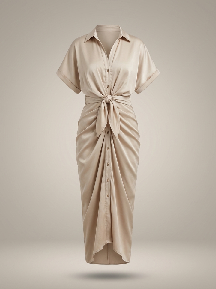 Chic Women's Midi Shirt Dress with Waist Tie and Button Closure