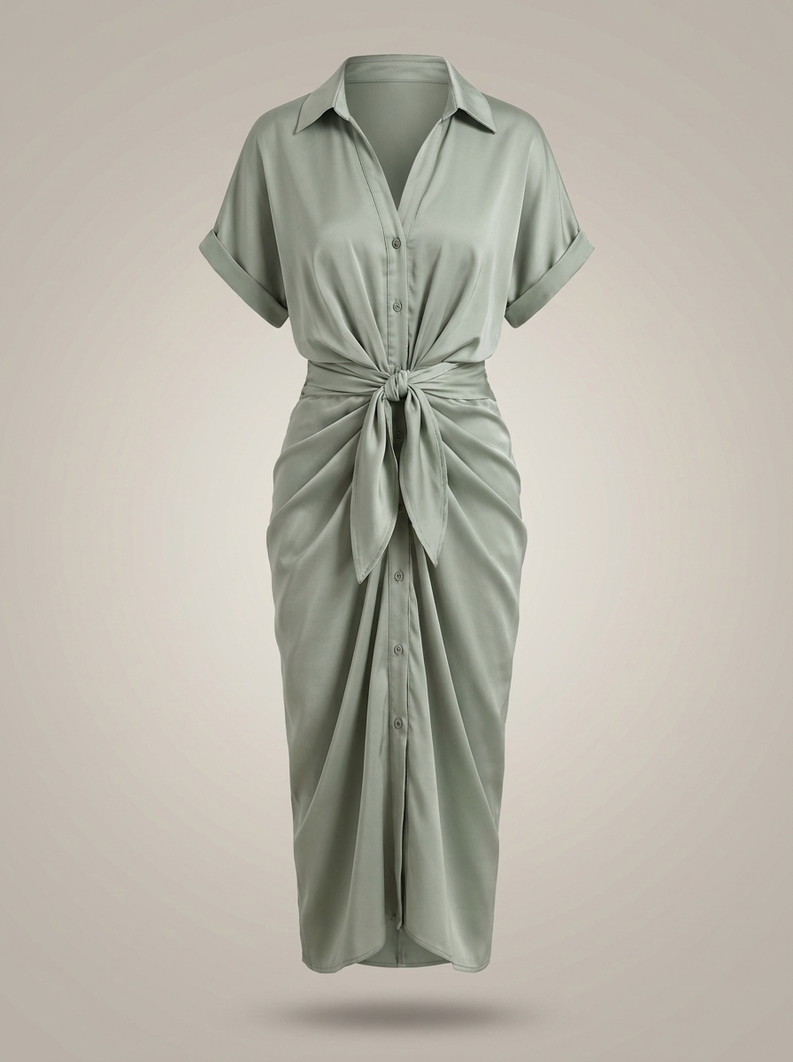 Chic Women's Midi Shirt Dress with Waist Tie and Button Closure